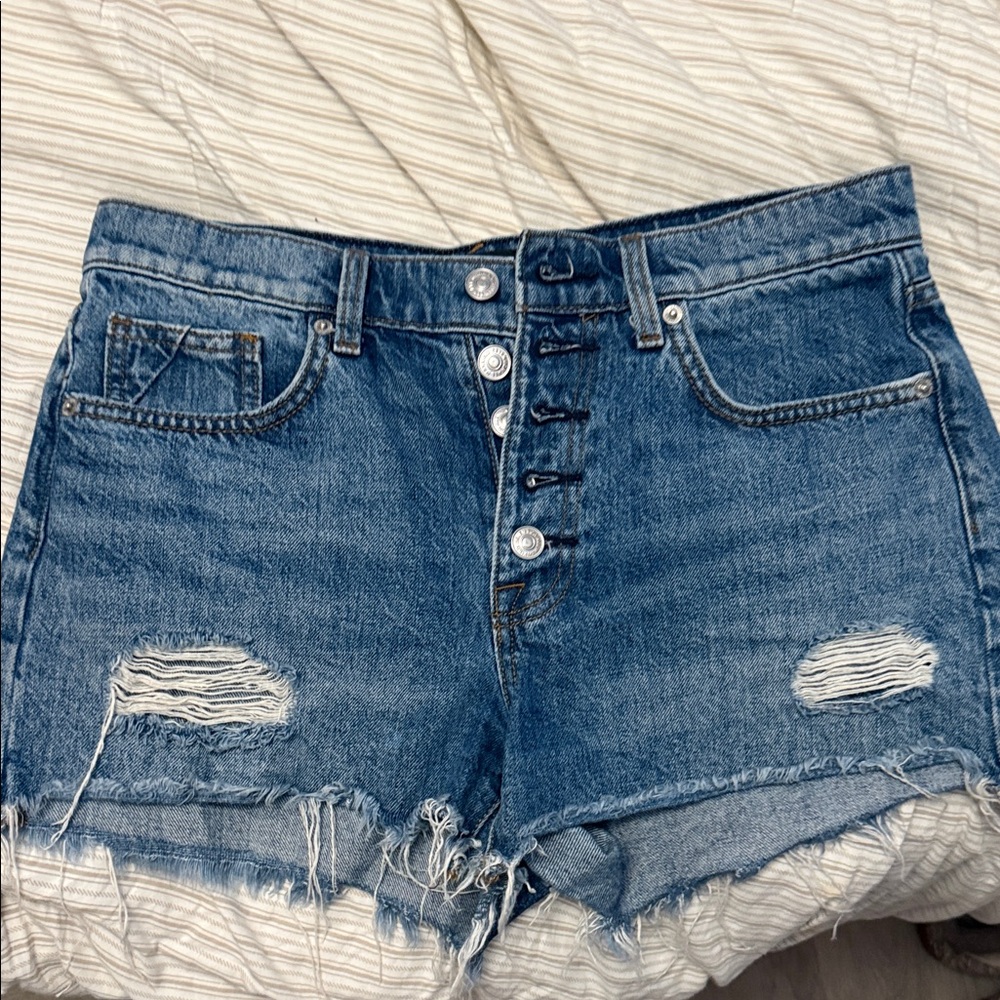 7 For All Mankind Blue Distressed Jean Shorts
